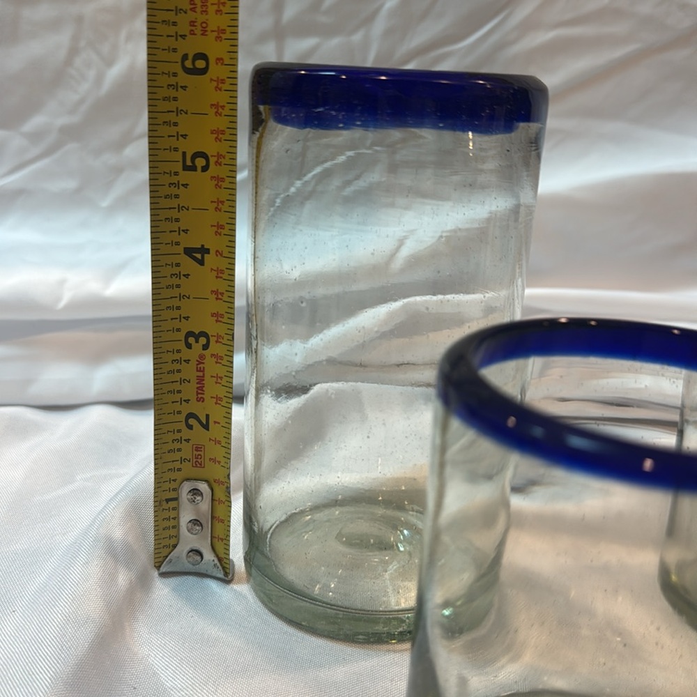 Set of 7 Hand Blown Mexican Bubble Glasses With Cobalt Blue Rim, Various Sizes - Picture 3 of 5